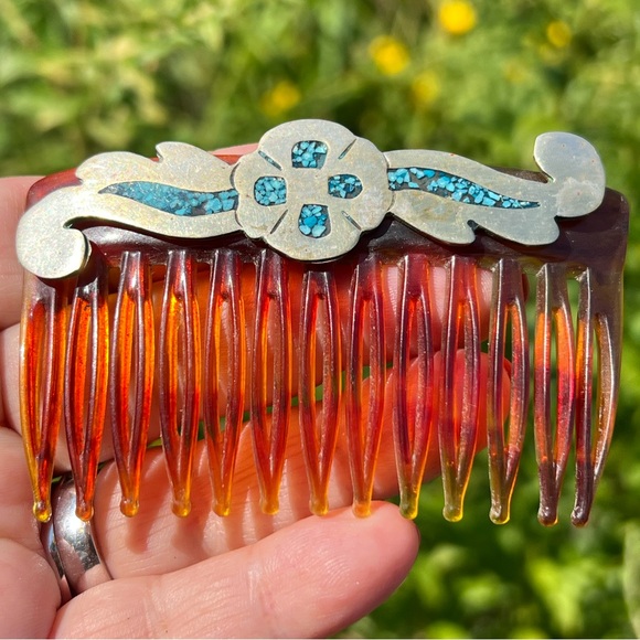 ANTIQUE VINTAGE FAUX TORTOISE STERLING SLVER TURQUOISE INLAID HAIR COMB ORNAMENT main image 15